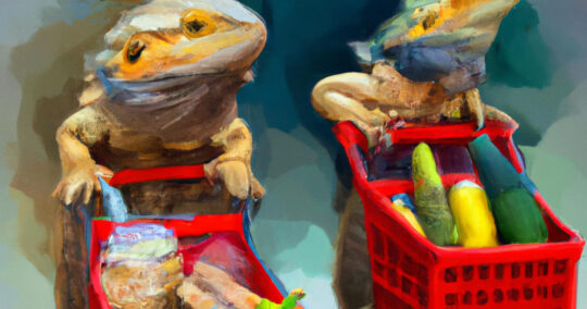 painting of bearded dragons with fruit in shopping carts