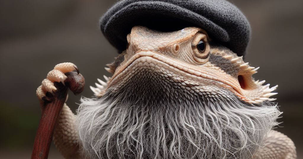 old bearded dragon with a beard, flat cap and walking stick